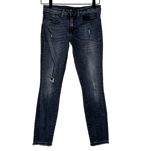 R13 Womens Alison Crop Black Wash Jeans Distressed Raw Hem Mid Rise 27